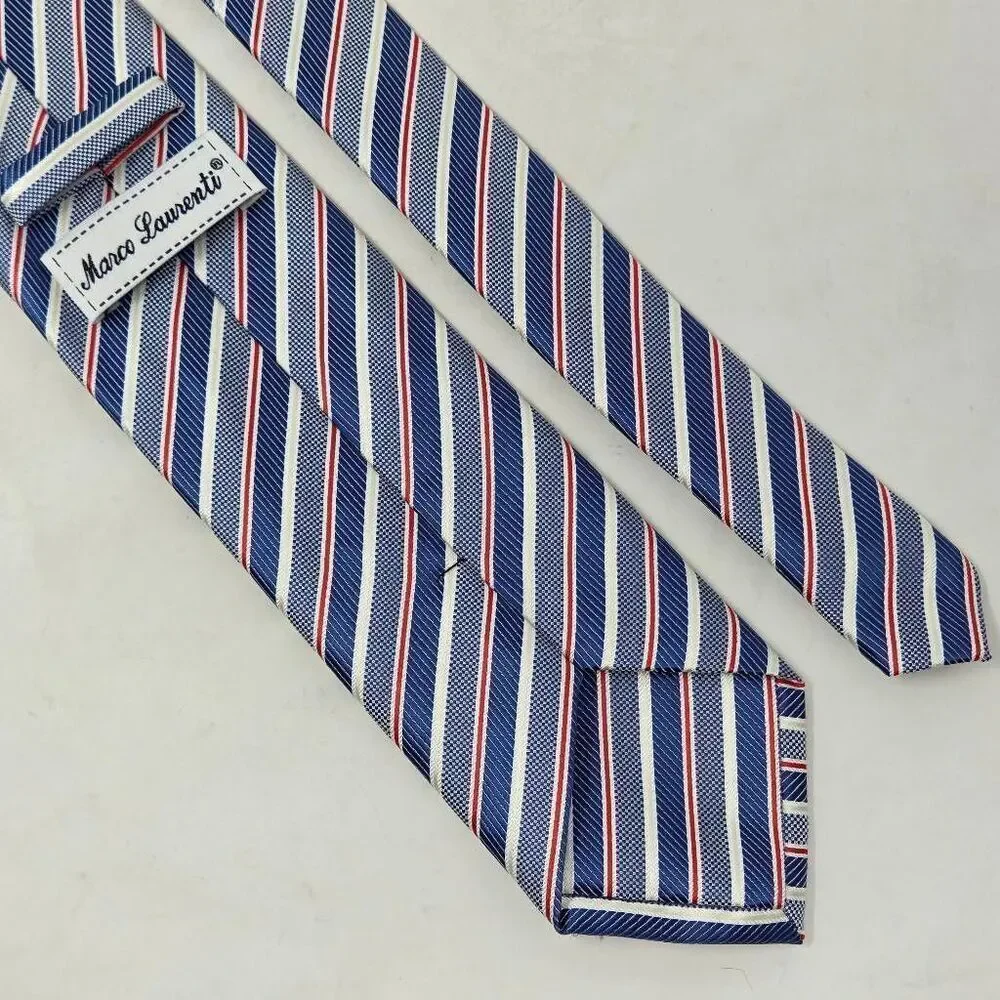 MARCO LAURENTI ITALY SILK TIE LUXURY BLUE WHITE RED LUXURY STRIPE 3.5